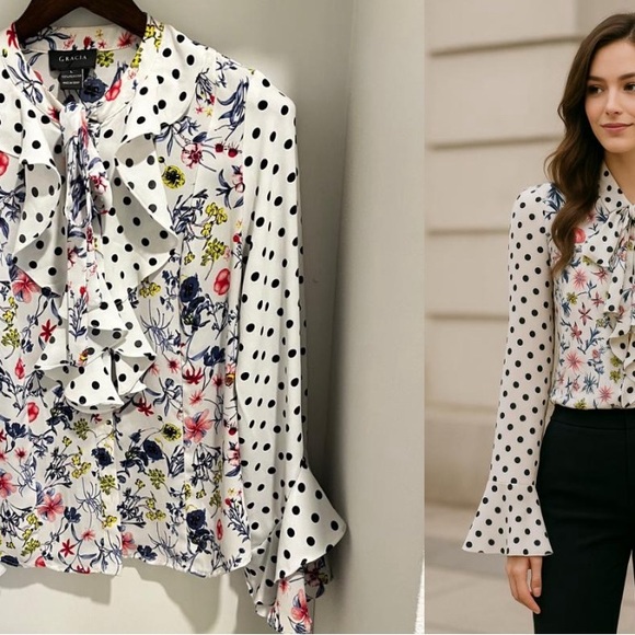 Gracia Women’s Floral Button & Tie Blouse Ruffle Tiered Flare Bell Sleeves Sz L - Picture 1 of 9